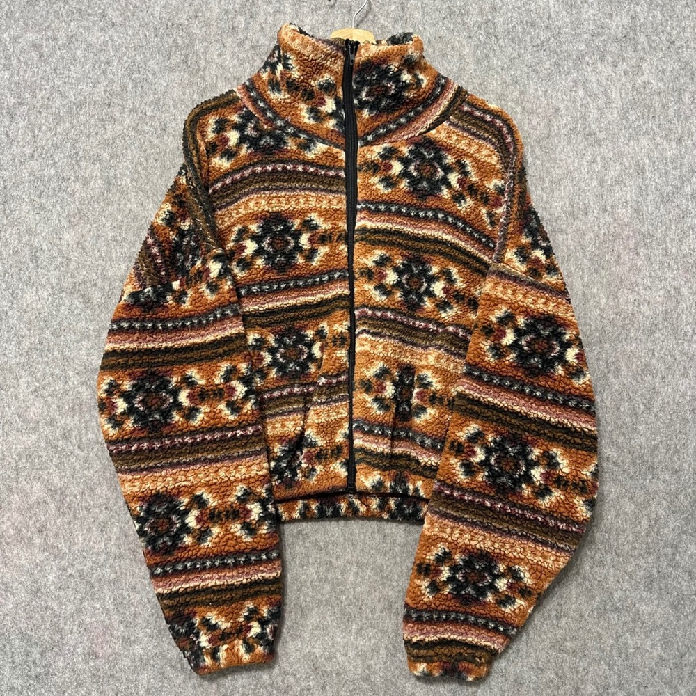 Weekending Fleece Jacket‎ Womens Large Brown Aztec Sherpa Full Zip Cropped Cozy